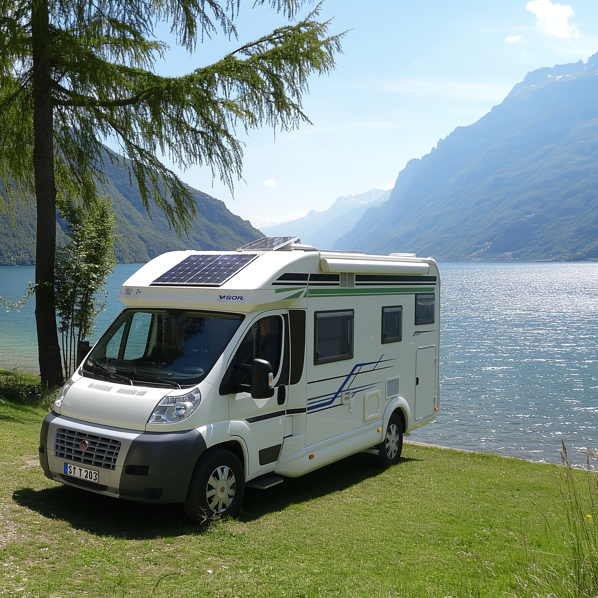 A white campervan with solar panels on the roof, parked on a grassy area next to a lake.