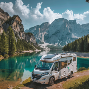 A camper van parked next to a lake with mountains in the background, showcasing a classic road trip adventure.