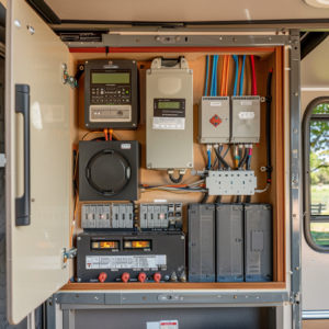 Inside an RV electrical panel with solar system components