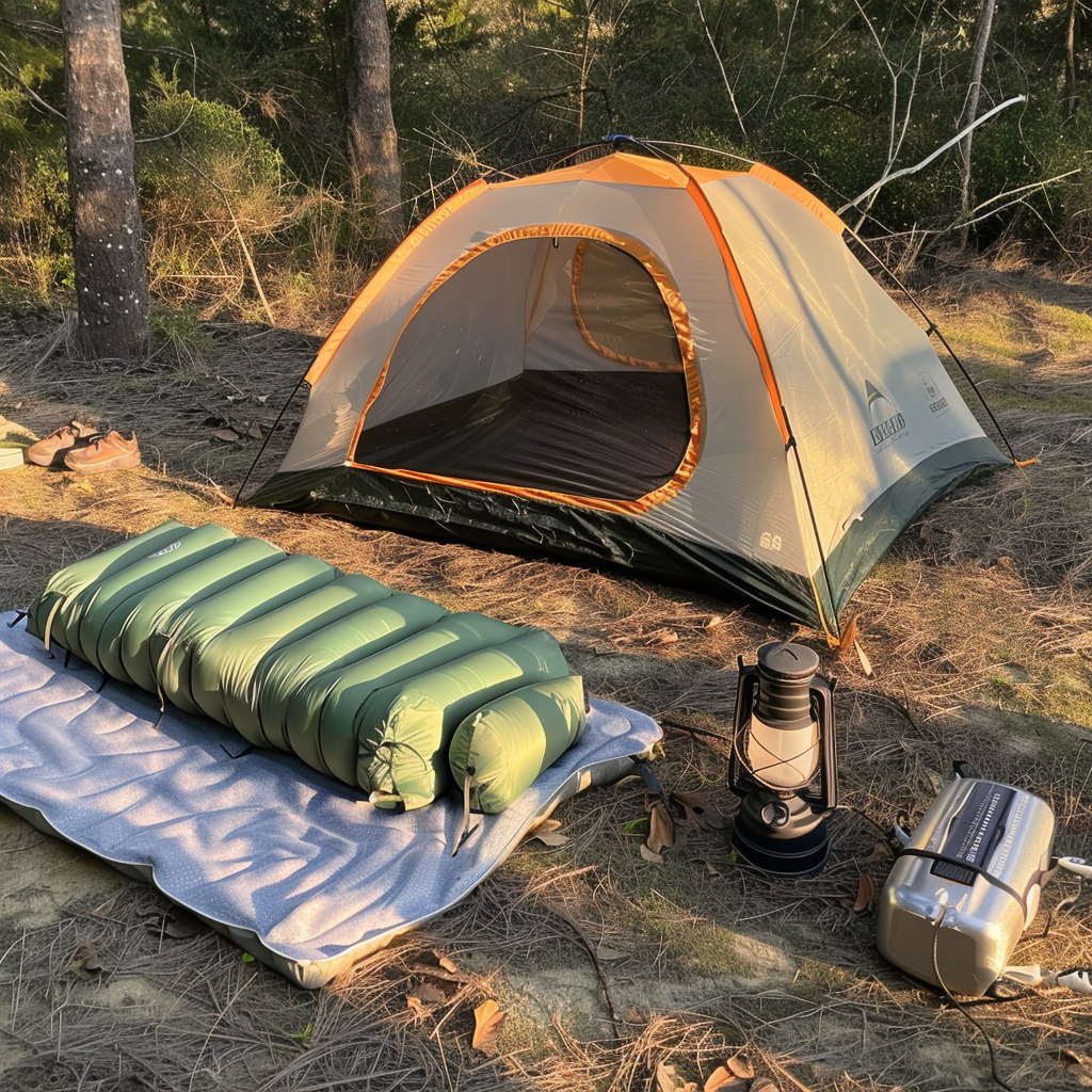 Cozy campsite setup: a tent, air mattress, and inverter for comfortable nights.
