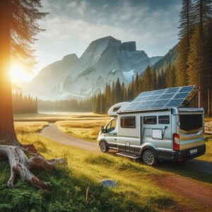 A camper van with solar panels on the roof