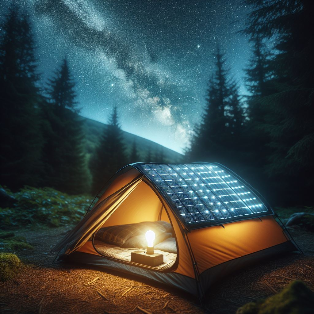A tent with solar panels on top is set up in a forest at night, under a sky full of stars
