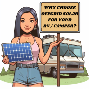 A person holding a solar panel with an RV in the background, promoting off-grid solar energy.