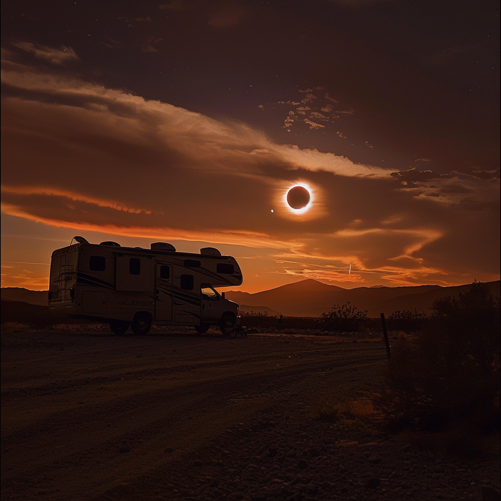 The silhouette of an RV against the backdrop of a dramatic sky during the solar eclipse, showcasing nature’s spectacle in a remote setting.