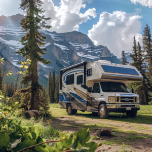 A RV stationed on a grassy field, encircled by tall pine trees and magnificent mountains.