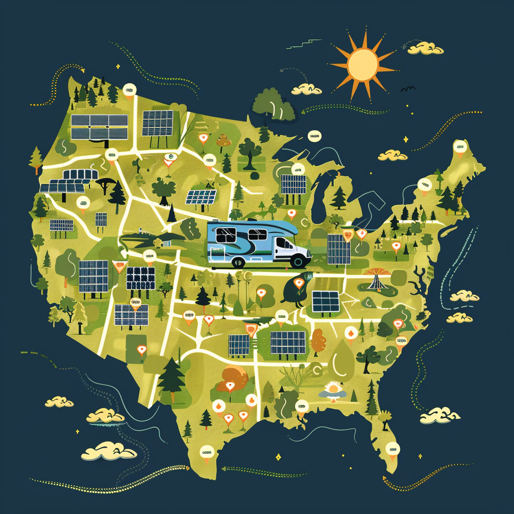 An illustrated map of the U.S. adorned with symbols of sustainability including solar panels, greenery, and a blue camper van under a sunny sky.