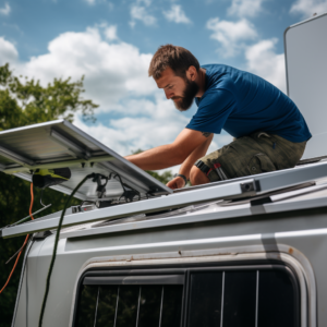 RV solar panel installation in progress. A man is securing a panel on the roof of a recreational vehicle.