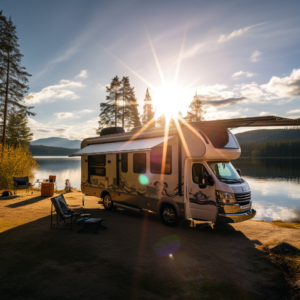 Sunset view at an RV campsite on a tranquil lakeshore surrounded by forested mountains.