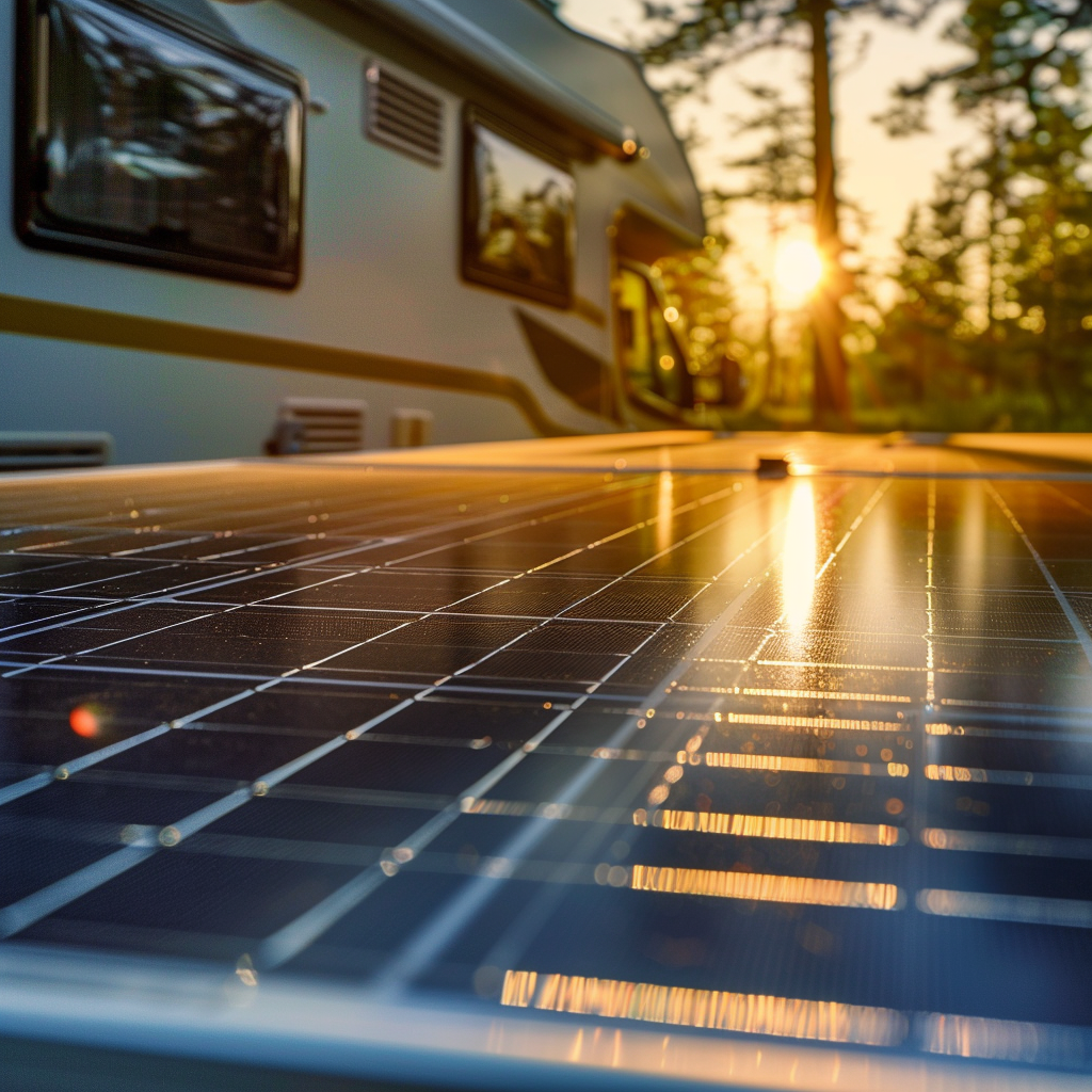 RV solar power system in nature at dusk