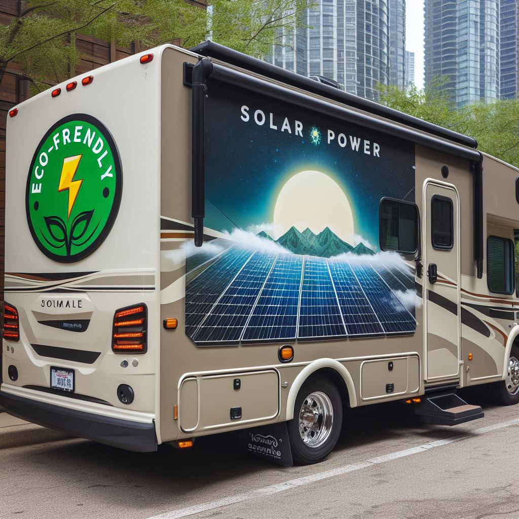 Motorhome with ‘Eco-Friendly’ and ‘Solar Power’ labels, indicating its sustainable energy source